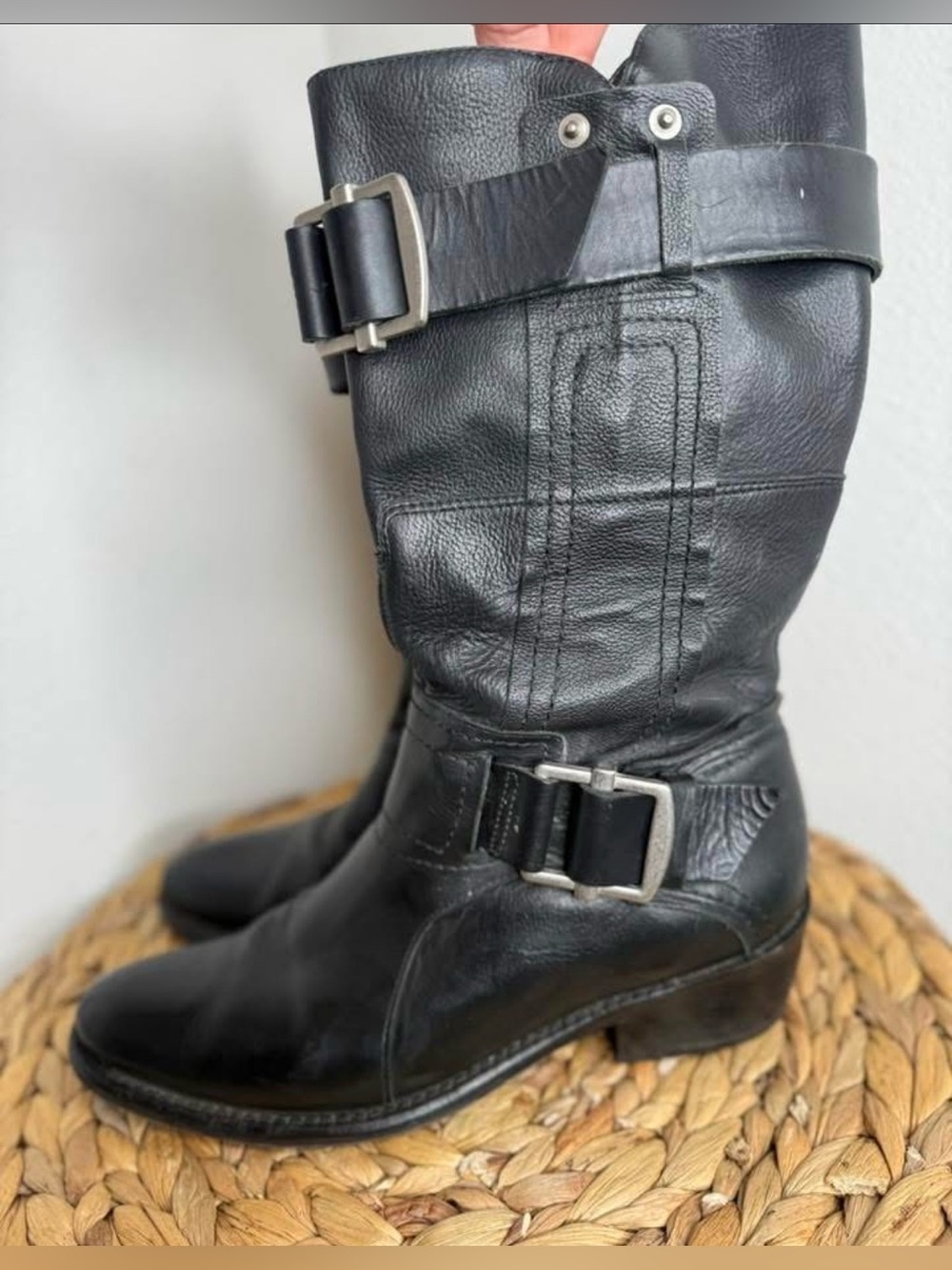 Vera Wang Boots lavender Moto boot Classic Black Leather Mid-Calf Buckle Heeled